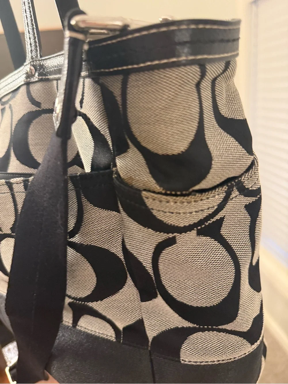 Coach Black and Cream Signature Canvas Tote with Tag and Medallion
